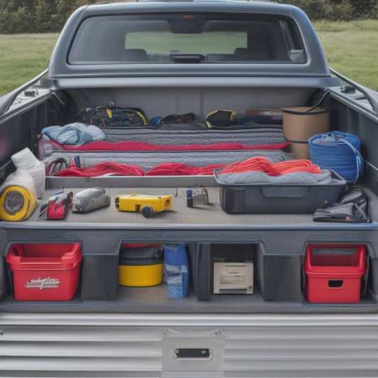 A clutter-free, organized truck bed with a custom storage system featuring stacked, labeled bins, a retractable tool chest, and hooks holding coiled hoses and extension cords.