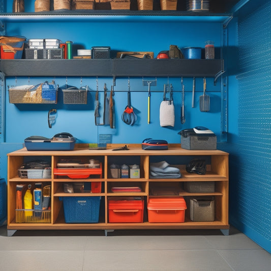 An organized garage interior with a slatwall featuring hooks, bins, and baskets, a pegboard with tools, a shelving unit with labeled containers, and a sleek workbench with a built-in vice.