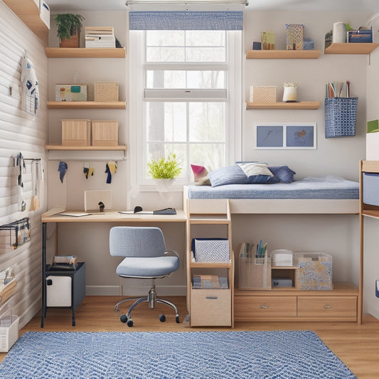 A clutter-free dorm room with a lofted bed, storage bins under the bed, a pegboard on the wall with hanging organizers, and a desk with a stackable shelving unit and cord organizers.