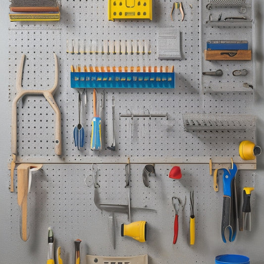 A neatly organized pegboard with various tools and accessories, such as wrenches, pliers, and screwdrivers, hanging from hooks and bins, set against a clean, white background, with subtle shadows and highlights.