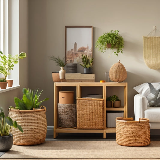 Generate an image featuring a minimalist living room with a neutral-toned wall adorned with 3-4 woven storage baskets in varying sizes, holding neatly organized household items and decorative plants.