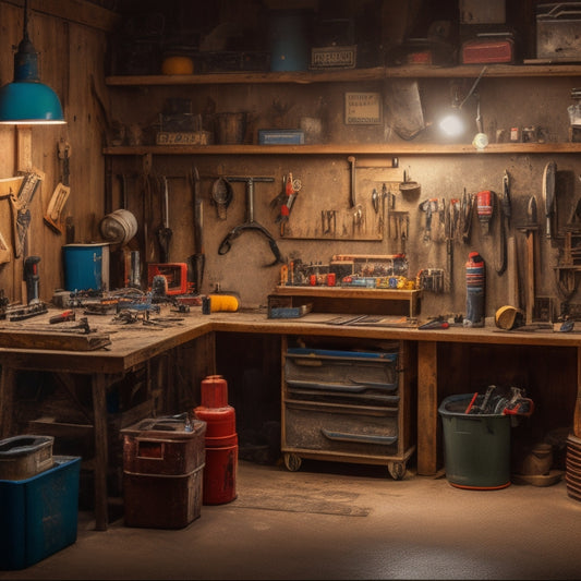 A cluttered, dimly lit garage with scattered tools and scattered toolboxes, hammers and screwdrivers strewn across a workbench, and a faint outline of a pegboard in the background, partially obscured by tangled cords.