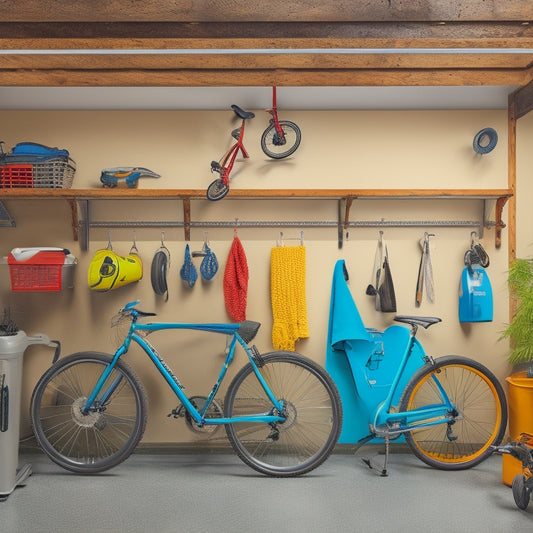A well-organized garage with a pegboard, various tools and accessories hung from sleek metal hooks, and a few bicycles suspended from sturdy ceiling-mounted hooks, set against a clean and bright background.