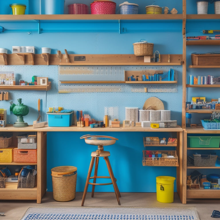 A well-organized, sunlit workshop with a pegboard wall, sliding storage bins, and a wooden workbench, surrounded by colorful art supplies, tools, and half-finished creative projects.