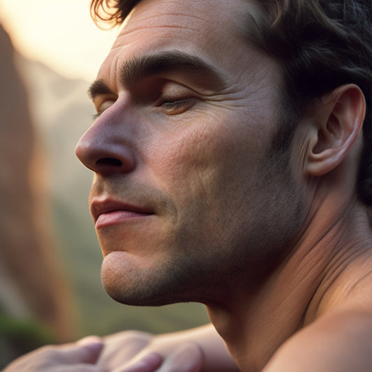 A serene, close-up portrait of a climber's shoulder, with subtle warm lighting, showcasing a gentle, handheld massage or self-myofascial release, surrounded by minimal, earthy props like a climbing hold or a few scattered rocks.