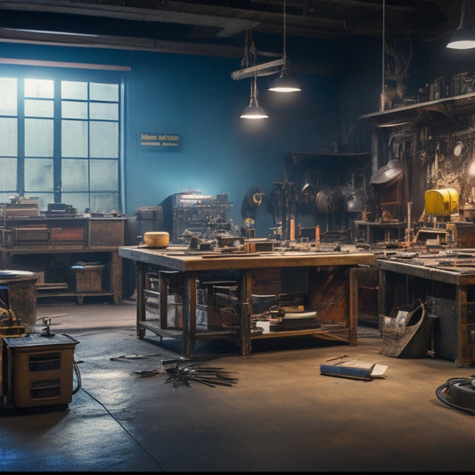A clutter-free workshop background with multiple welding tables of varying sizes, materials, and styles, with tools and welding equipment scattered around, and a few sparks flying in the air.