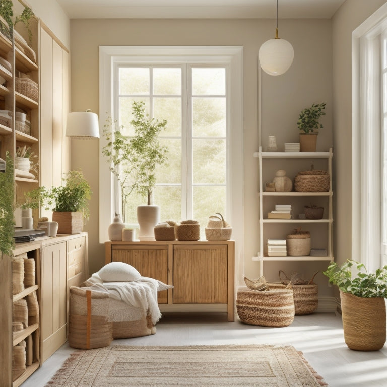 A minimalist room with cream-colored walls, natural wood floors, and a large window with white curtains, featuring several woven baskets of varying sizes mounted on wooden shelves, holding books, plants, and decorative items.