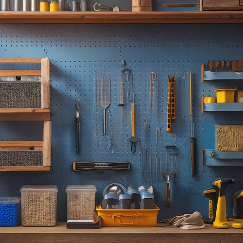 A pegboard with various tools and accessories organized by type, including wrenches, pliers, screwdrivers, and bins, with a subtle workshop background and soft, natural lighting.