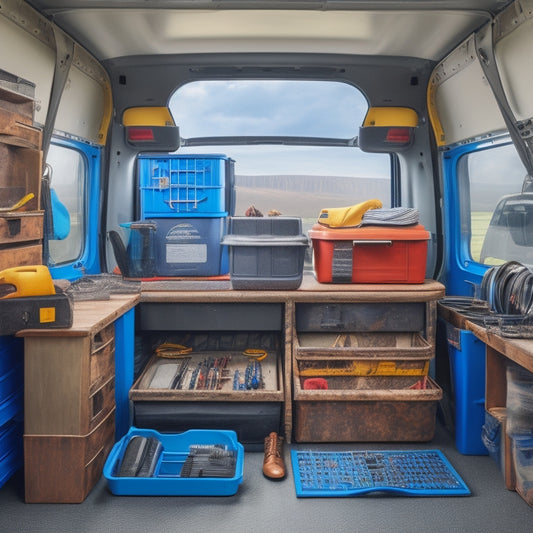 A cluttered work van interior with scattered HVAC tools and parts, contrasted with a neatly organized compartmentalized toolbox in the foreground, showcasing a custom storage solution.