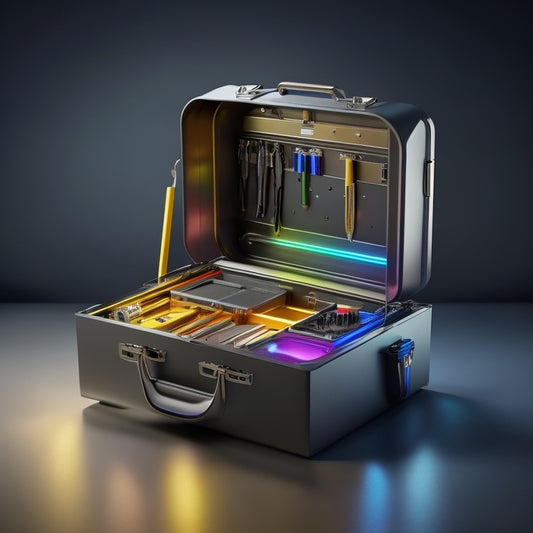 A sleek, futuristic toolbox with a partially open lid, revealing a neatly organized interior with multicolored tools and gadgets, surrounded by subtle hints of metallic and LED lights.