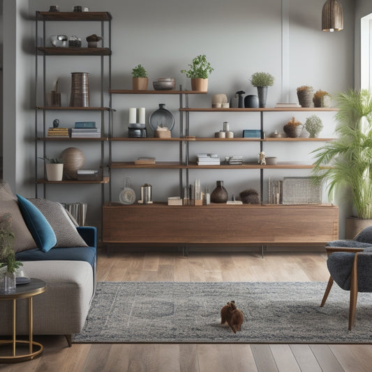 A modern living room with a partially built custom shelving unit, featuring wooden planks, metal brackets, and decorative vases, surrounded by design plans, pencils, and a measuring tape.