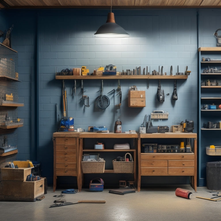 A tidy workshop backdrop with various stacking tool organizers, including a pegboard with hanging bins, a modular storage cabinet, and a wall-mounted tool chest with open drawers.