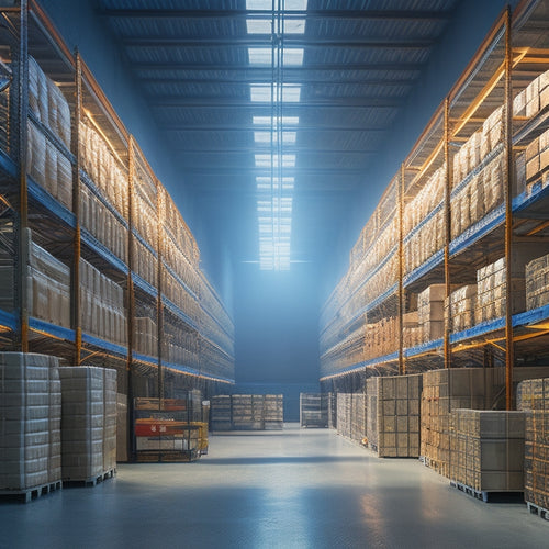 A large, industrial warehouse with rows of sturdy, silver rolling shelving racks, each stacked with crates and boxes, lit by bright overhead lighting, with concrete floors and metal beams.