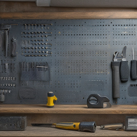 A close-up of a metal pegboard with multiple heavy-duty hooks of varying sizes, securely holding industrial tools, such as wrenches, pliers, and screwdrivers, against a dark, gritty background.