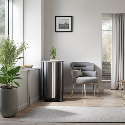 A modern, minimalist living room with a sleek, silver wall-mounted trash can and a matching recycling bin, surrounded by a tidy, clutter-free space with a few neatly placed decorative items.