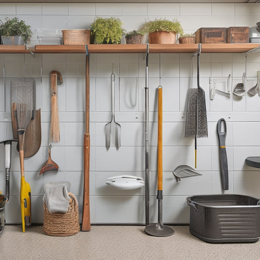 A well-organized garage with a pegboard, hooks, and bins, showcasing a neat arrangement of landscaping tools, including a rake, trowel, pruners, and a gardening hose, against a clean, gray background.