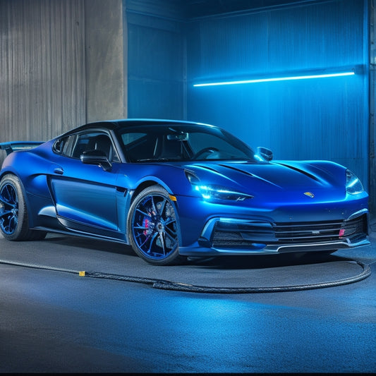 A sleek, black sports car with a lowered suspension system, surrounded by CUSCO-branded performance parts and tools, set against a dark, gradient background with neon blue accents.