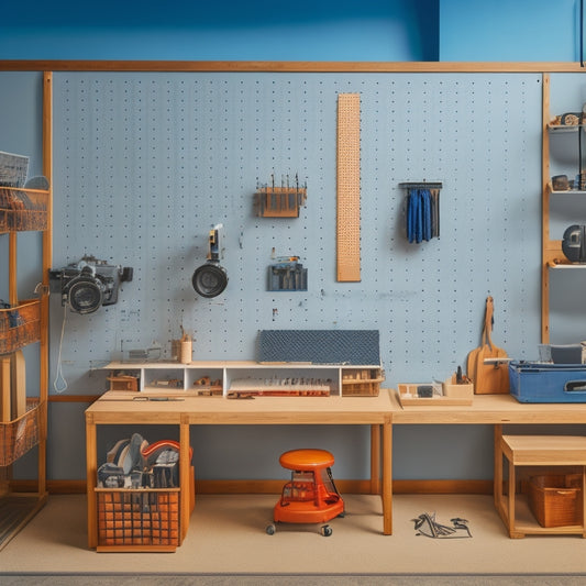 A well-organized workshop with a U-shaped workstation, labeled zones, and a pegboard with hanging tools, surrounded by a minimalist background with a subtle grid pattern and natural light.