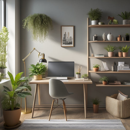 A modern home office with a sleek, wooden desk featuring a multi-tiered shelving system, holding a few decorative objects, a potted plant, and a few books, set against a light gray background.