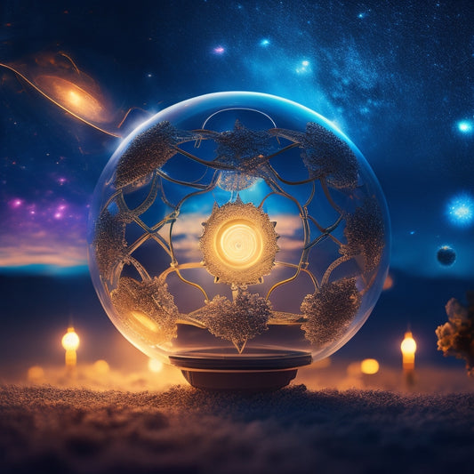 An intricate, swirling vortex of interconnected gears, atoms, and formulas surrounds a glowing light bulb, set against a vibrant, starry night sky with subtle, shimmering threads of DNA.