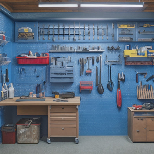 A clutter-free garage with a pegboard covered in neatly hung tools, a rolling cabinet with labeled drawers, and a wall-mounted foldable workbench, surrounded by a few scattered power tools and a toolbox.