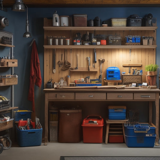 A well-lit, organized home workshop with a pegboard on the wall, holding various tools and accessories, surrounded by labeled bins, baskets, and a workbench with a vice in the center.