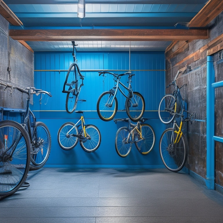 A clutter-free garage interior with three bikes suspended from the ceiling, each attached to a different type of hook: a sturdy metal J-hook, a rubber-coated hook, and a retractable hook.