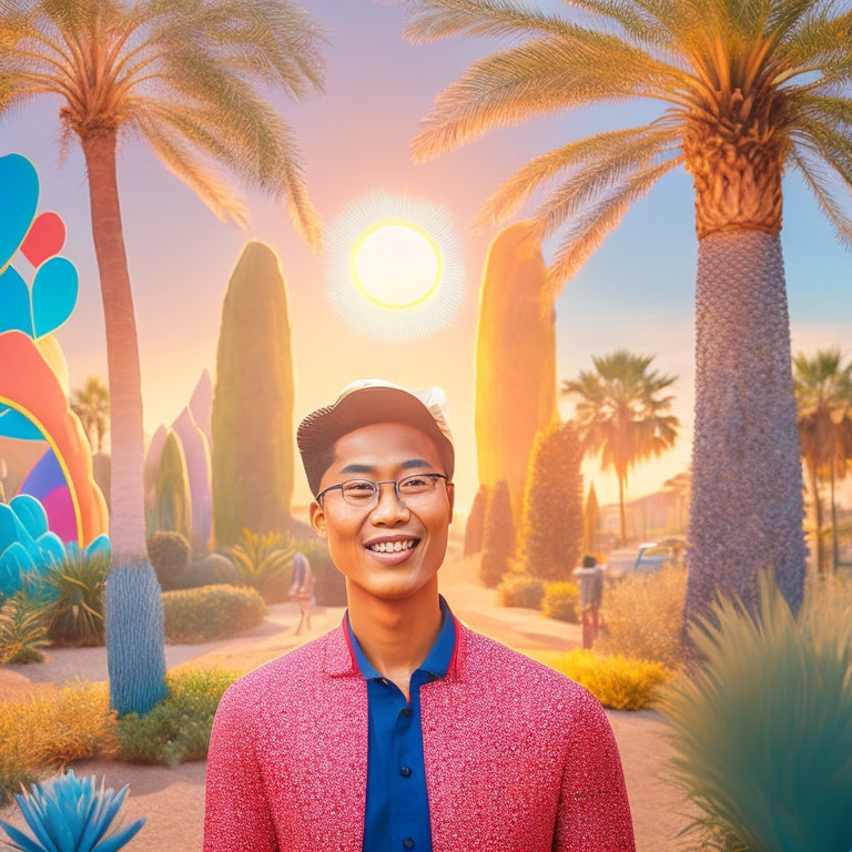 A warm, sun-kissed illustration of Hang Nguyen, a smiling graphic designer, standing in front of a stylized California state outline, surrounded by vibrant design elements and colorful palm trees.