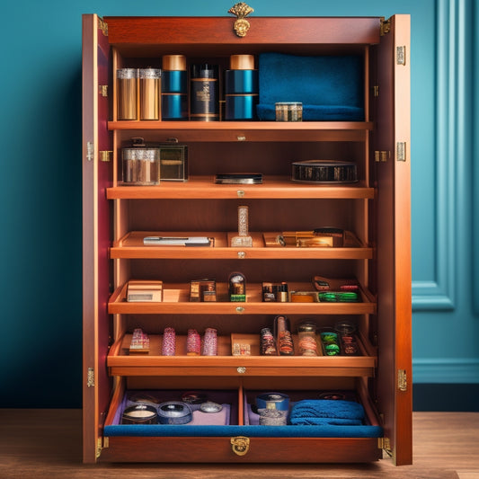 An open accessories cabinet with 5-7 drawers, each containing neatly organized jewelry, cosmetics, and personal care items, with adjustable dividers, velvet-lined trays, and a built-in mirror.
