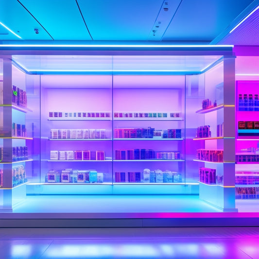 A futuristic retail store interior with sleek shelves and minimalist decor, featuring a large, glowing 3D holographic planogram display hovering above a checkout counter, surrounded by scattered product boxes.