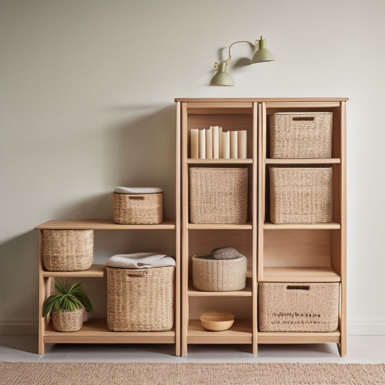 A minimalist shelving unit with 5-7 open storage bins in various sizes, made of natural wood or wicker, with rounded handles and a soft, warm lighting effect.