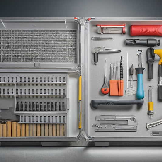 A neatly organized toolbox with labeled dividers, a socket set arranged by size, and a pegboard with hooks holding pliers, wrenches, and screwdrivers, set against a clean, gray background.
