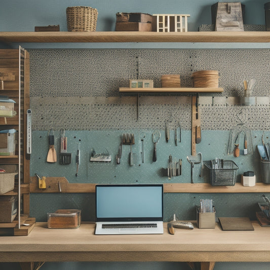 A clutter-free workstation with a wooden pegboard background, featuring a mix of metallic and wooden accessories like hooks, bins, and a shelf, with a few tools and office supplies neatly organized.