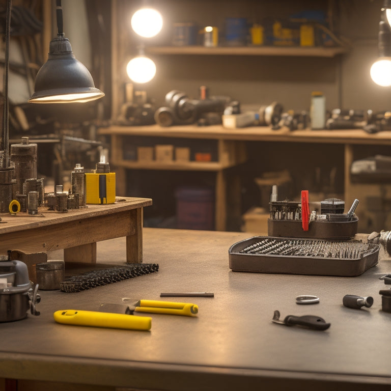 A clutter-free workshop bench with various socket holders in the foreground, each filled with neatly organized sockets of different sizes, against a blurred background of DIY tools and machinery.