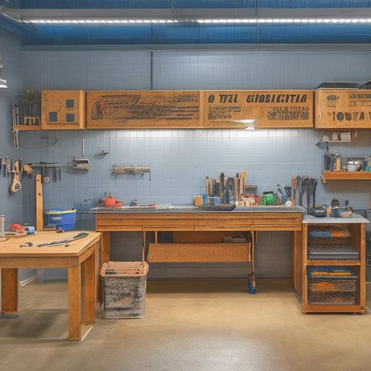 A clutter-free, well-lit workshop with a sturdy, stainless steel workbench in the center, surrounded by a pegboard with neatly organized tools, and a rolling cabinet with labeled drawers.