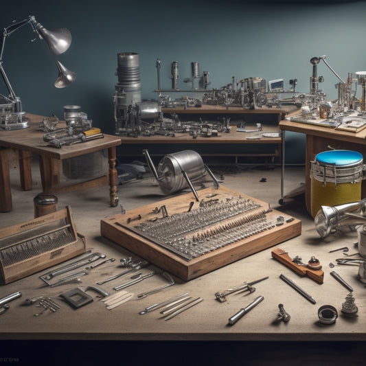 A clutter-free workshop bench with a sleek, silver assembly board at its center, surrounded by neatly organized wind instrument parts, tools, and tiny mechanical components.