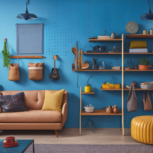 A tidy, modern living room with a pegboard wall featuring an assortment of peg hooks in various shapes, sizes, and finishes, holding organized items like bags, accessories, and decorative objects.