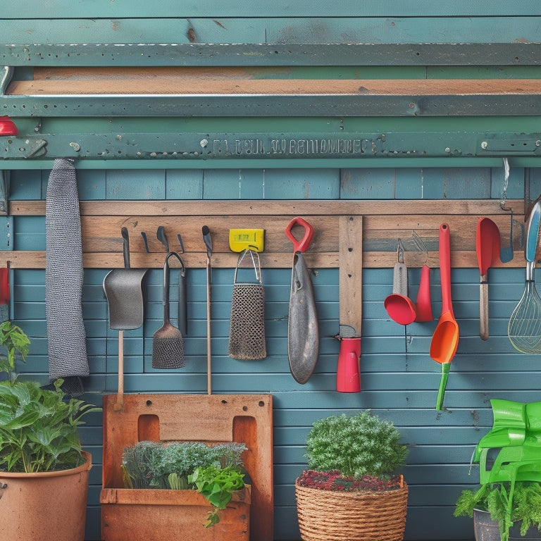 A well-organized pegboard with gardening tools and accessories, such as a watering can, pruners, and gloves, hanging from hooks and bins, set against a rustic wooden or greenery-filled background.