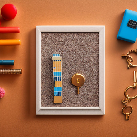 A minimalist illustration of a keyring with a few keys, surrounded by a small corkboard with colorful pushpins, and a few loose keys scattered around, with a subtle cityscape background.