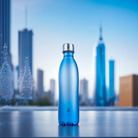 A sleek, silver vacuum bottle with a matte finish, surrounded by droplets of water and ice, set against a blurred background of a bustling city or fitness studio, with a subtle gradient of blues and whites.