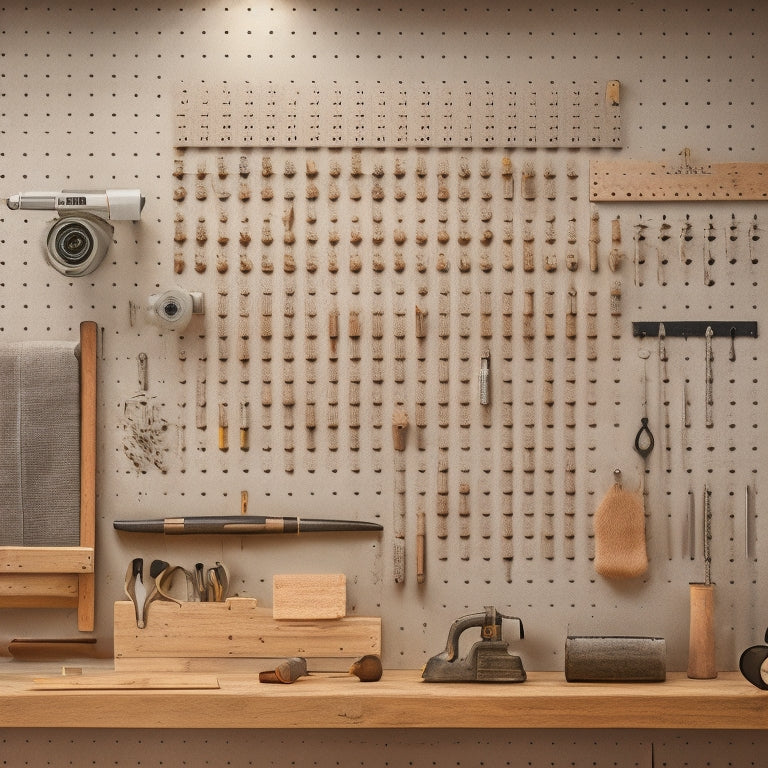 A well-organized pegboard with various tools and accessories neatly arranged, surrounded by a subtle background of woodworking or DIY-themed elements, with ample negative space to convey a sense of clarity.