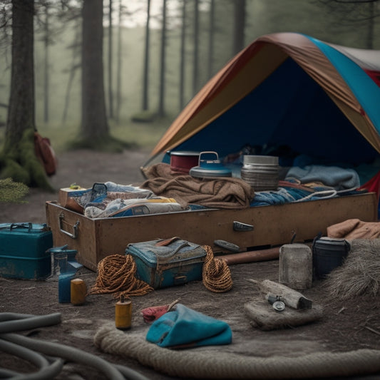 A cluttered camping toolbox overflowing with tangled ropes, rusty gears, and mismatched tent poles, with a faint forest landscape blurred in the background, symbolizing disorganization and chaos.