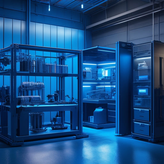 A futuristic workshop with a large, sleek 3D printer in the center, surrounded by various tool storage containers with intricate designs and compartments, against a dark blue background with neon blue accents.
