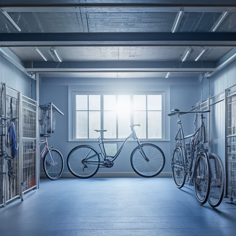 A clutter-free garage with three bicycles suspended from the ceiling by sturdy, curved hooks, with wheels aligned and handlebars parallel, surrounded by ample empty space and subtle shadows.