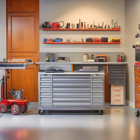 A clutter-free garage with a central, silver, 5-drawer rolling tool chest cabinet with a sliding top and ball-bearing slides, surrounded by organized tools and equipment, on a polished concrete floor.