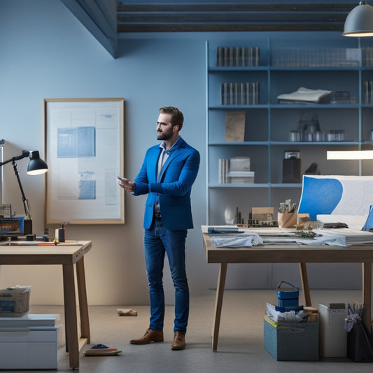 An illustration of a designer standing in front of a large, blank grid paper on an easel, surrounded by rolled-up blueprints, pencils, and a miniature shelving unit prototype on a nearby worktable.