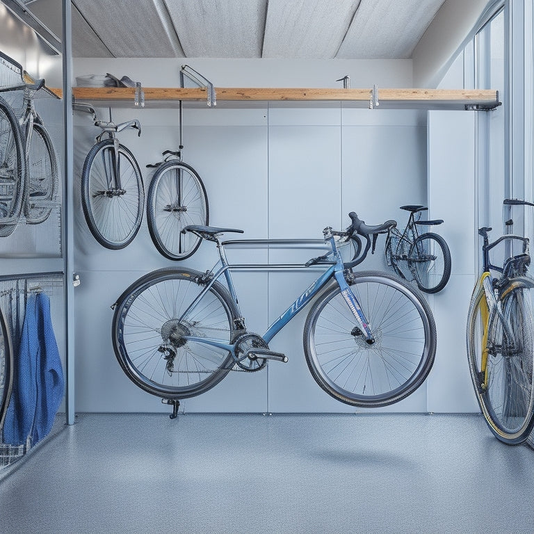 A clutter-free garage with a sleek, silver bicycle suspended from the ceiling by a pulley system, next to a wall-mounted rack holding two more bikes, with a few helmets and accessories on nearby hooks.