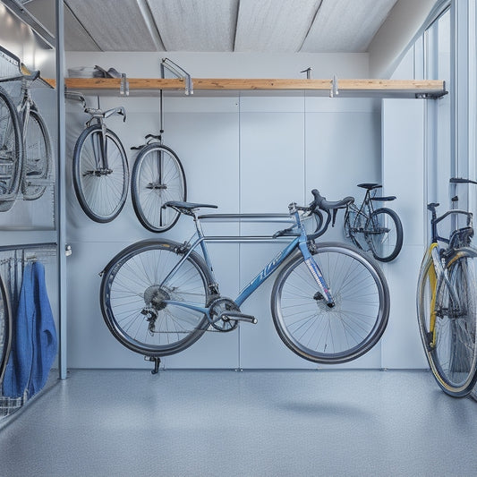 A clutter-free garage with a sleek, silver bicycle suspended from the ceiling by a pulley system, next to a wall-mounted rack holding two more bikes, with a few helmets and accessories on nearby hooks.