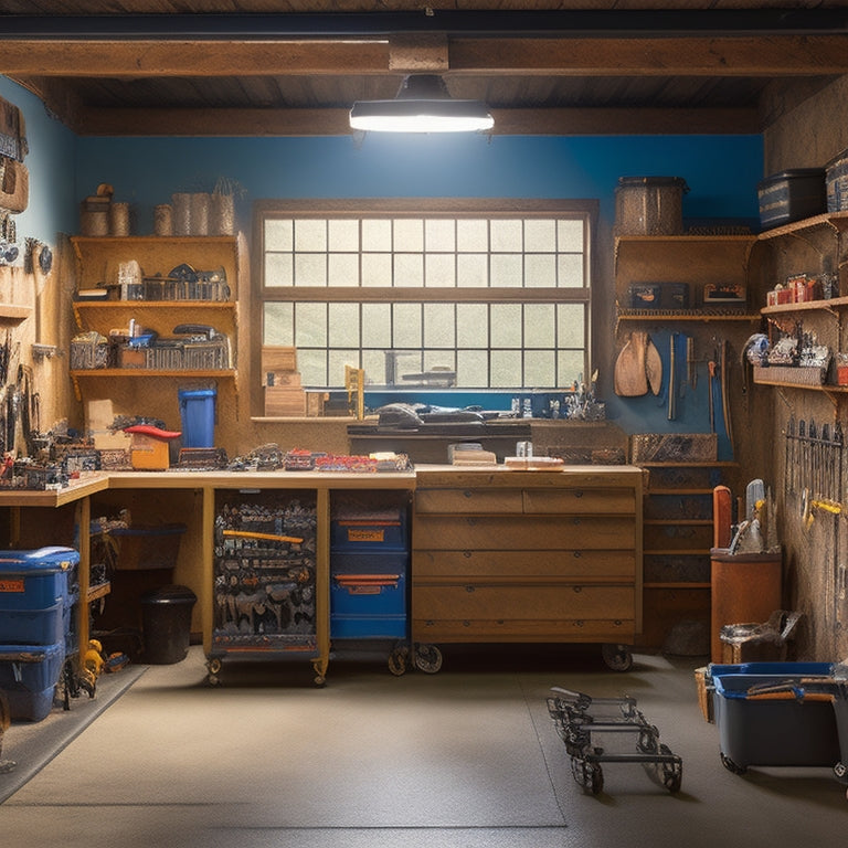 A well-lit, clutter-free garage workshop with rows of labeled tool chests, a pegboard with neatly hung wrenches, and a central workbench with a partially disassembled engine, surrounded by organized bins and shelves.