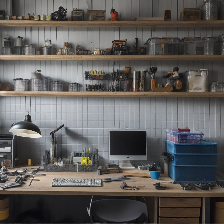 A tidy, modern workshop with a pegboard covered in neatly organized tools, a few transparent storage bins on a shelf, and a laptop on a clutter-free desk in the background.